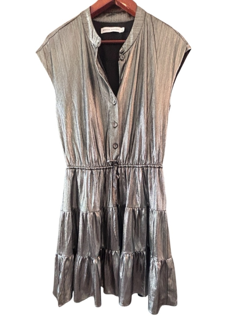 Rebecca Minkoff Silver Metallic Pleated Tiered Mini Dress Size S Party Cocktail